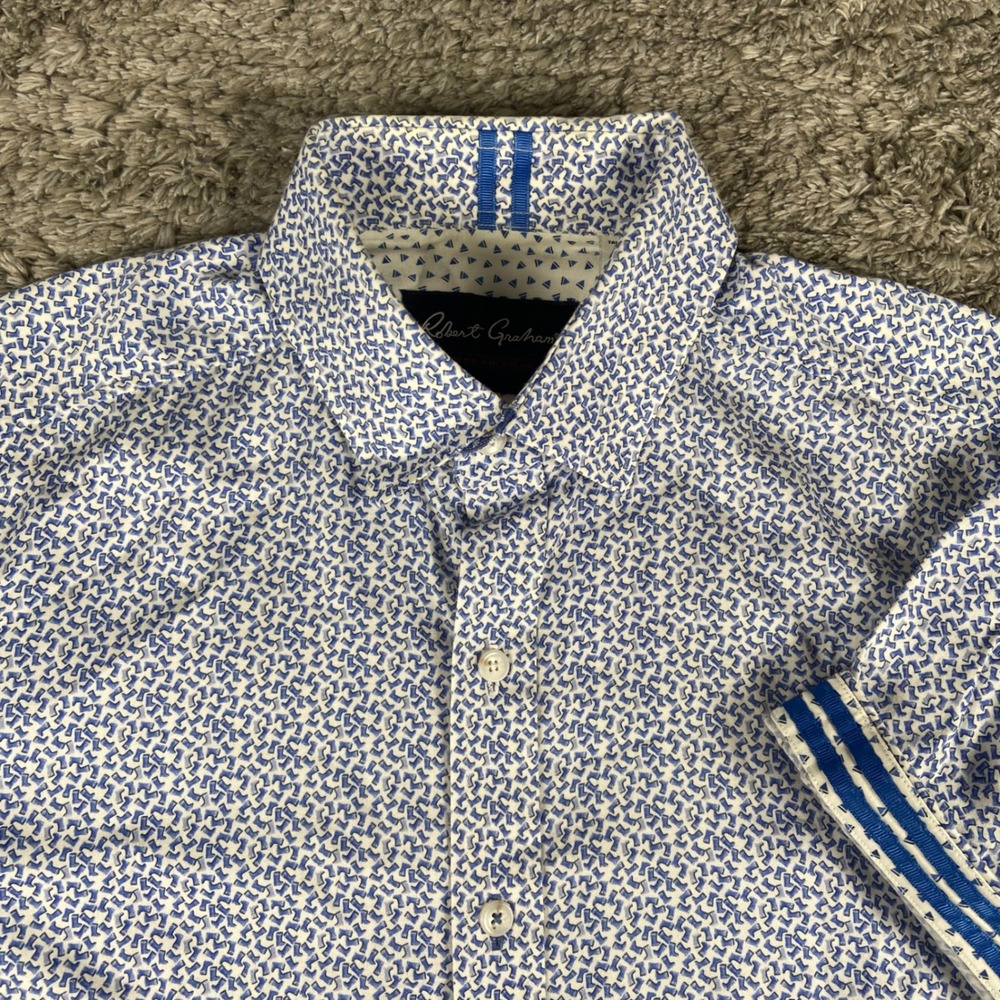 Robert Graham Shirt Mens M Blue White Geometric Short Sleeve Tailored Fit Cotton